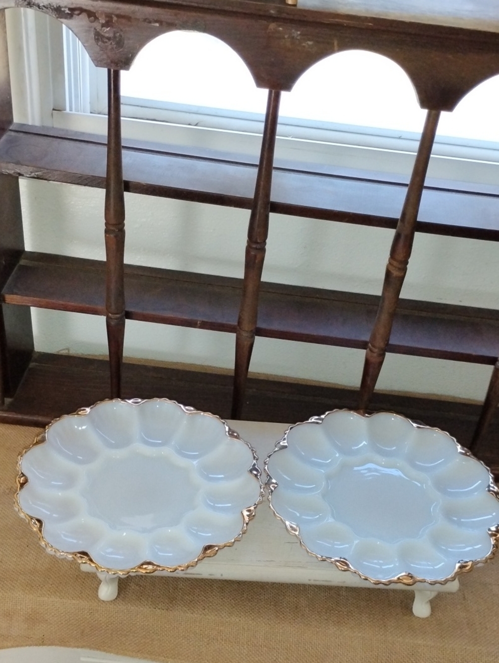 2 Vintage Gold Trimmed Milk Glass Egg Plates Scalloped Beautiful Bright White